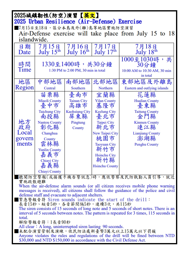 2025城鎮韌性(防空)演習時間公告敬請注意及配合